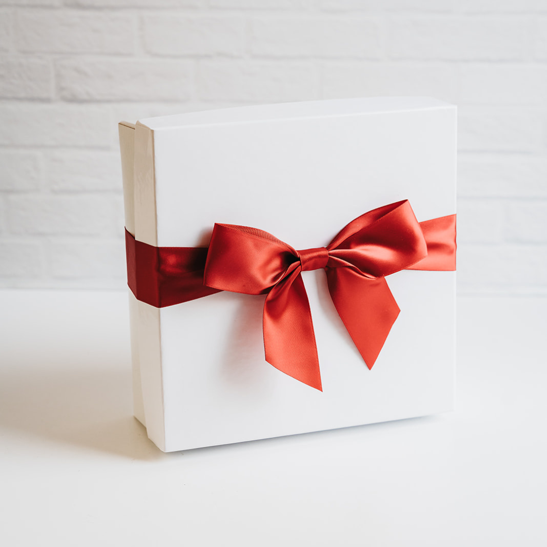 Deluxe White Gift Box + Crinkle + Red Ribbon Set 8x8x3"