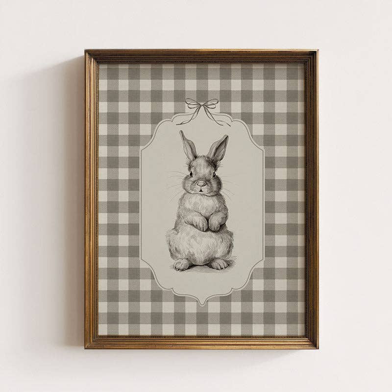 Taupe Checkered Bunny Sketch Art Print